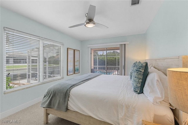 bedroom with ceiling fan, access to exterior, and carpet