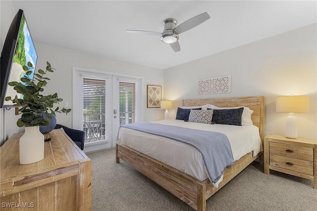 carpeted bedroom with ceiling fan, french doors, and access to exterior