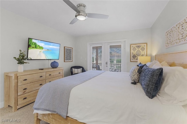 carpeted bedroom with access to exterior, french doors, and ceiling fan