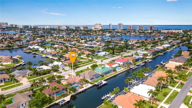 bird's eye view with a water view