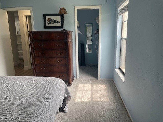 carpeted bedroom with connected bathroom