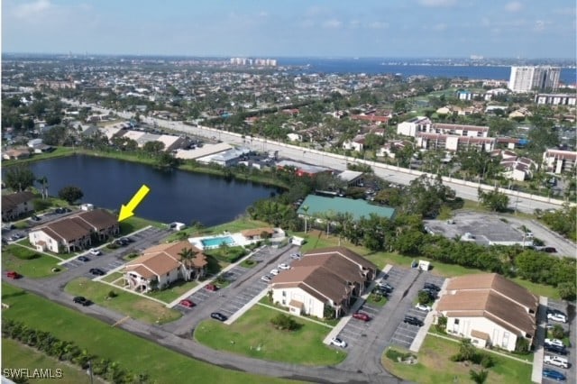 drone / aerial view featuring a water view