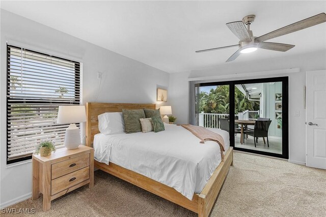 bedroom featuring light carpet, ceiling fan, and access to outside