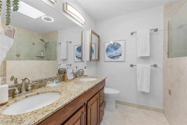 bathroom with vanity, an enclosed shower, tile patterned floors, and toilet