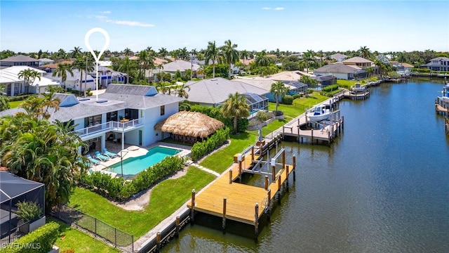 bird's eye view with a water view