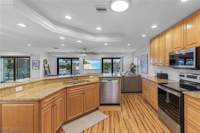 kitchen with sink, ceiling fan, stainless steel appliances, light stone countertops, and light wood-type flooring