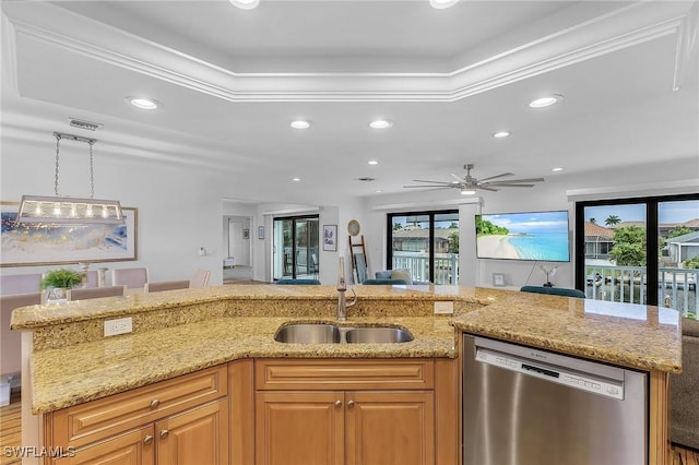 kitchen featuring sink, dishwasher, ceiling fan, light stone countertops, and an island with sink