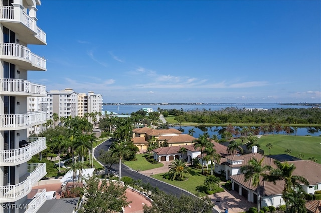 birds eye view of property featuring a water view