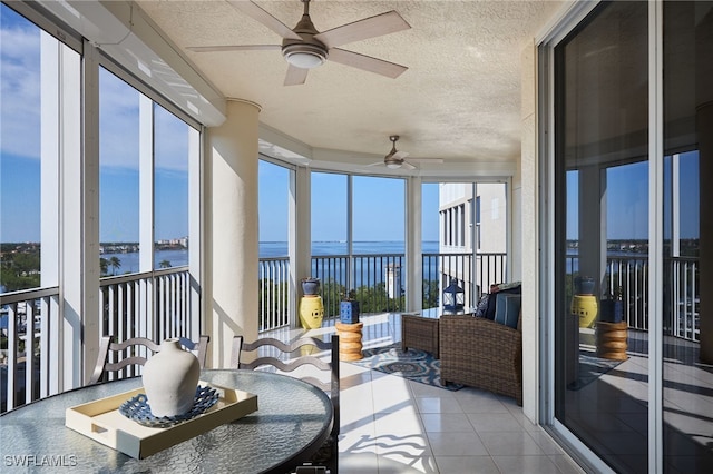 sunroom / solarium with a water view