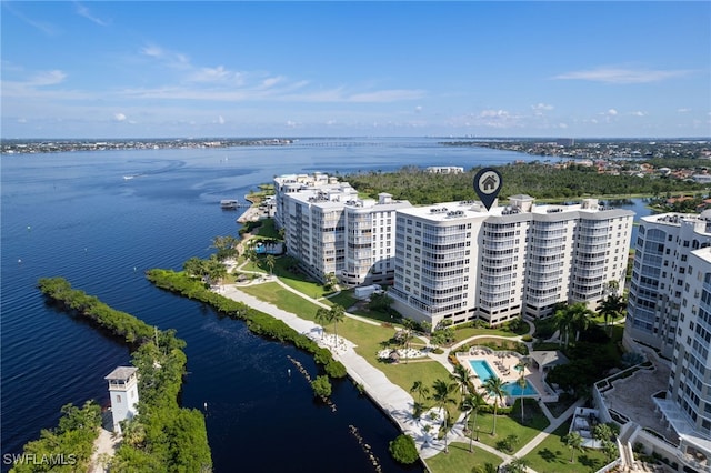 drone / aerial view featuring a water view