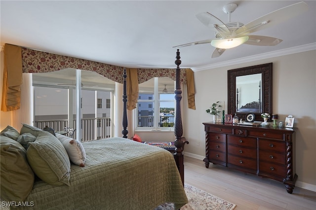 bedroom featuring access to outside, ornamental molding, light wood-type flooring, and ceiling fan