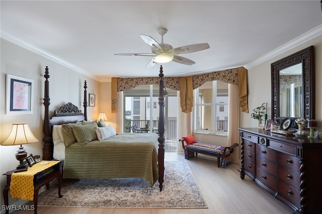 bedroom featuring ceiling fan, crown molding, light hardwood / wood-style flooring, and access to exterior