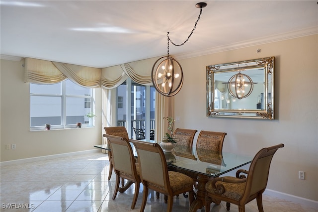 tiled dining space with crown molding and an inviting chandelier