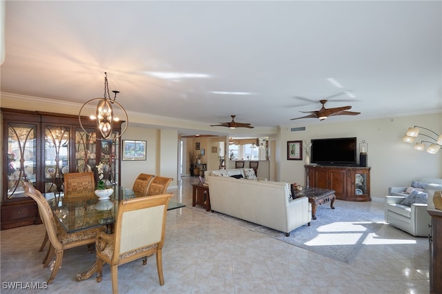 dining room featuring ornamental molding and ceiling fan with notable chandelier