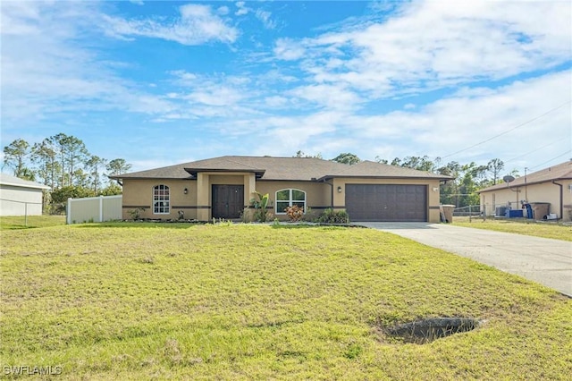 ranch-style home with a front lawn and a garage