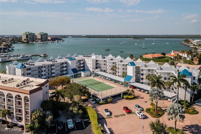 aerial view featuring a water view