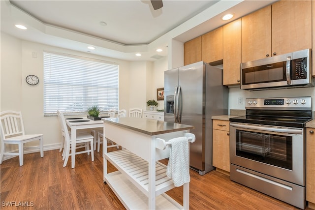 kitchen with appliances with stainless steel finishes and dark hardwood / wood-style flooring