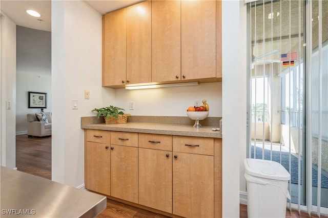 kitchen with light brown cabinetry and dark hardwood / wood-style floors