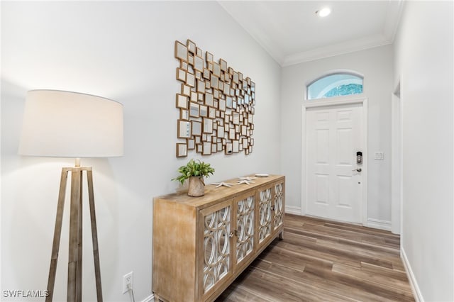 entryway with crown molding and dark hardwood / wood-style floors