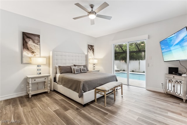 bedroom with access to exterior, light hardwood / wood-style flooring, and ceiling fan