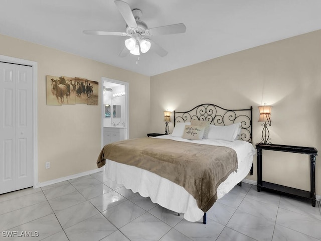 bedroom with a closet, ceiling fan, and ensuite bathroom