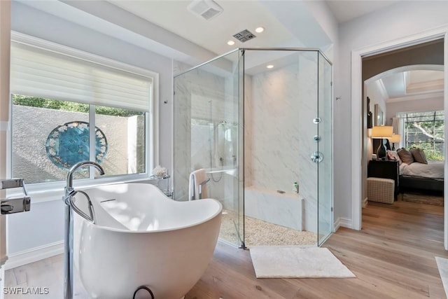 bathroom featuring plus walk in shower, wood-type flooring, and a healthy amount of sunlight