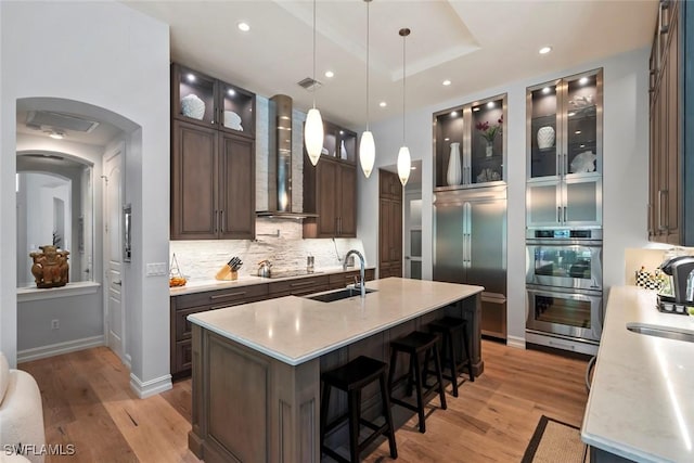 kitchen with wall chimney range hood, sink, appliances with stainless steel finishes, a tray ceiling, and decorative light fixtures