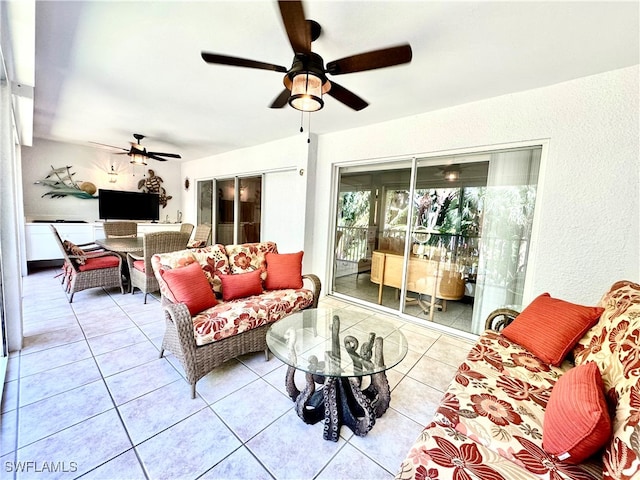 interior space featuring ceiling fan