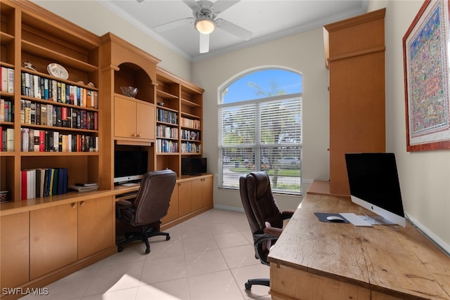 tiled office space with plenty of natural light, ceiling fan, and ornamental molding