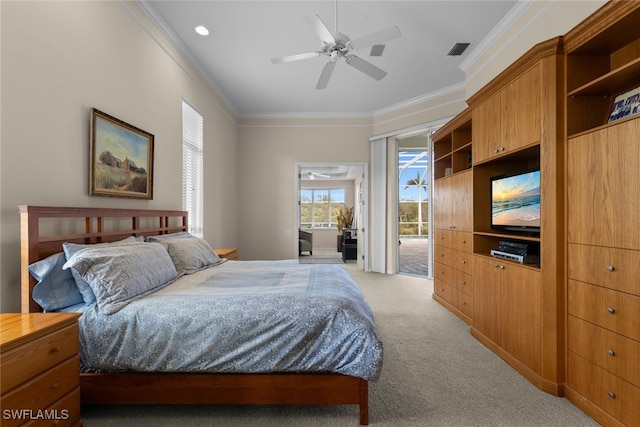 carpeted bedroom with access to exterior, ceiling fan, and crown molding