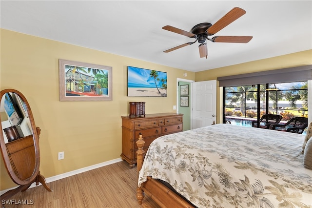 bedroom with ceiling fan, access to exterior, and light hardwood / wood-style floors