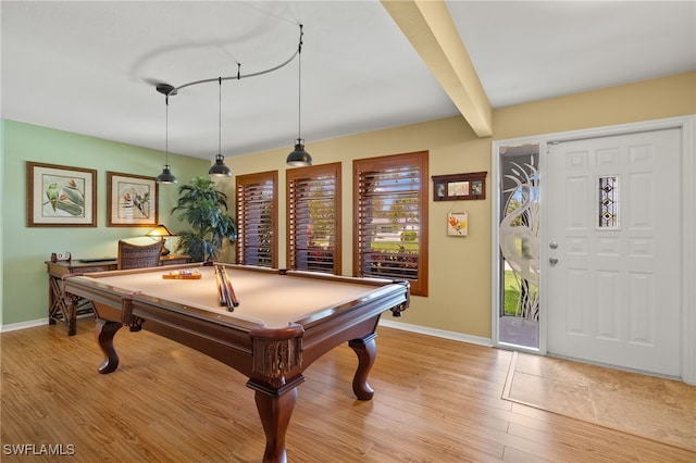 recreation room featuring beamed ceiling, billiards, and light wood-type flooring