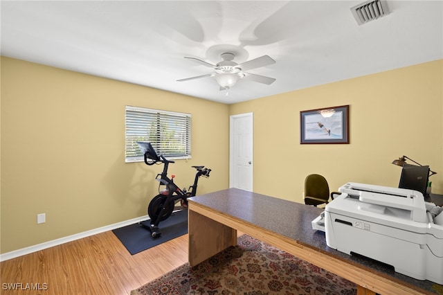 office space featuring hardwood / wood-style flooring and ceiling fan