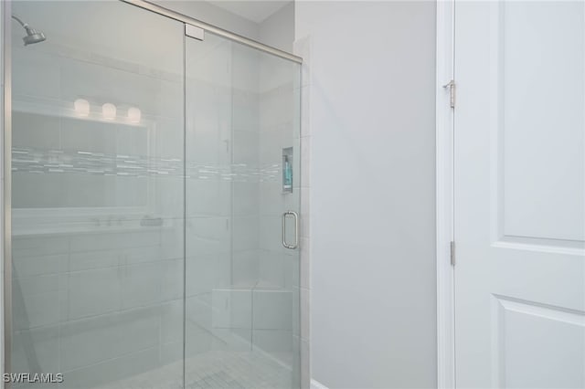 bathroom featuring a shower with shower door