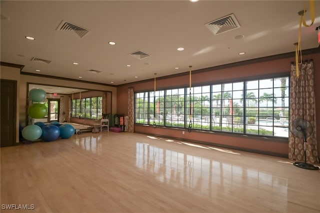 exercise area with ornamental molding, light wood-type flooring, and plenty of natural light