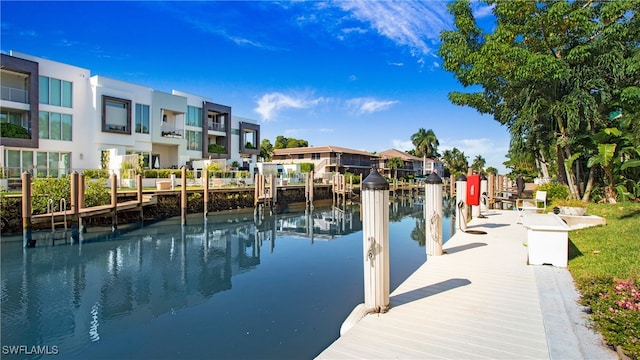 view of dock with a water view