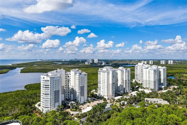 drone / aerial view with a water view