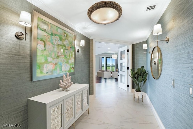 295 Grande Way Unit 1004, Naples, FL 34110 - hallway featuring ornamental molding, light marble finish flooring, and wallpapered walls