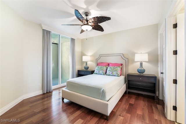 bedroom with a ceiling fan, access to exterior, wood finished floors, and baseboards