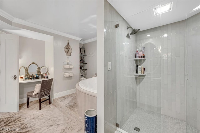 bathroom with crown molding and separate shower and tub