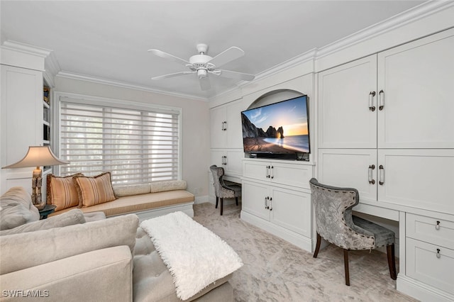 carpeted living room featuring ornamental molding and ceiling fan