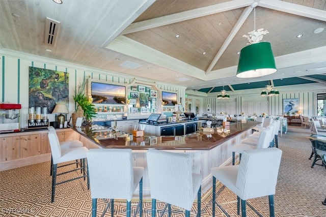 interior space with light carpet, wood ceiling, lofted ceiling, and indoor bar