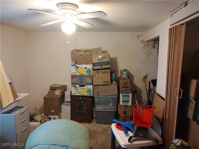 storage room with ceiling fan