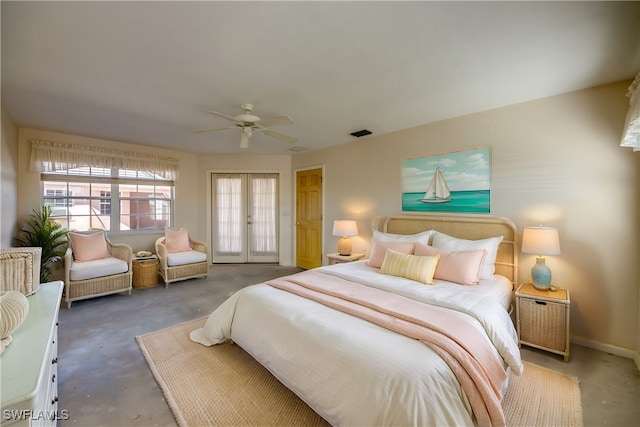 bedroom with ceiling fan and french doors