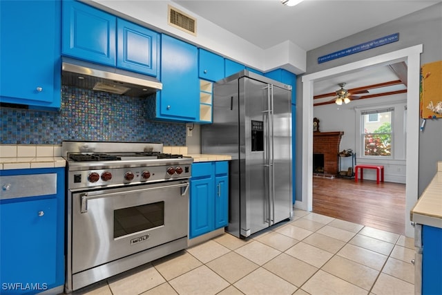 kitchen featuring premium appliances, a brick fireplace, backsplash, light hardwood / wood-style flooring, and ceiling fan