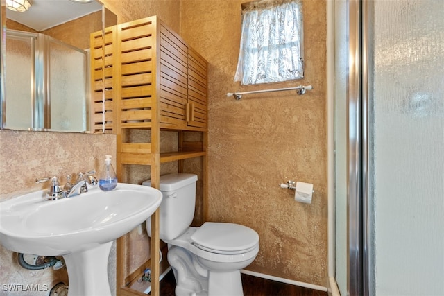 bathroom with sink, walk in shower, and toilet