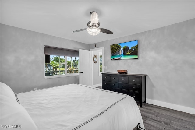 bedroom featuring ceiling fan and dark wood-type flooring