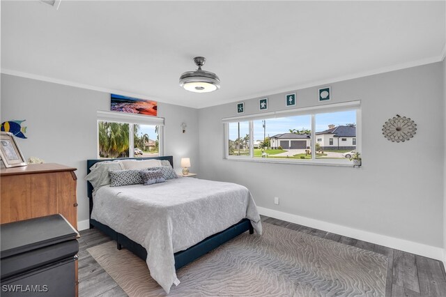 bedroom featuring wood-type flooring, ornamental molding, and multiple windows