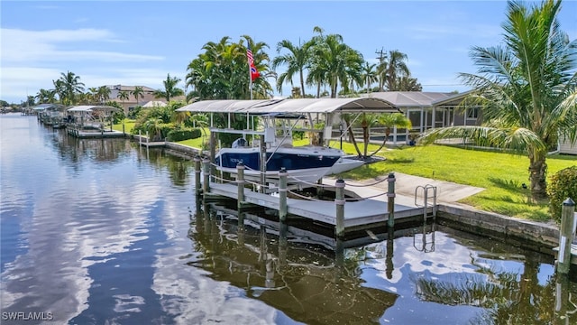 dock area with a water view, glass enclosure, and a yard