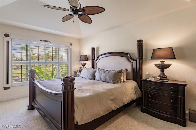 bedroom featuring ceiling fan and light colored carpet